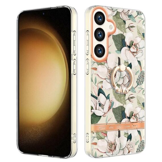 Per Samsung Galaxy S24+ 5G Custodia per telefono in TPU IMD serie Fiori e piante con supporto ad anello (Gardenia verde)