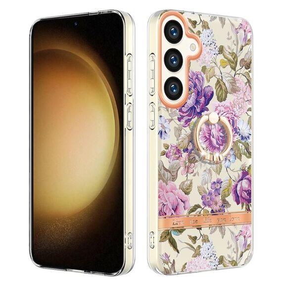 Per Samsung Galaxy S24+ 5G Custodia per telefono in TPU IMD serie Fiori e piante con supporto ad anello (peonia viola)