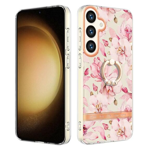 Custodia per telefono in TPU IMD serie Fiori e piante per Samsung Galaxy S24 5G con supporto ad anello (rosa Gardenia)