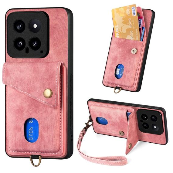Per Xiaomi 14 Custodia per telefono in pelle pieghevole con portafoglio per carte retrò con cinturino (rosa)