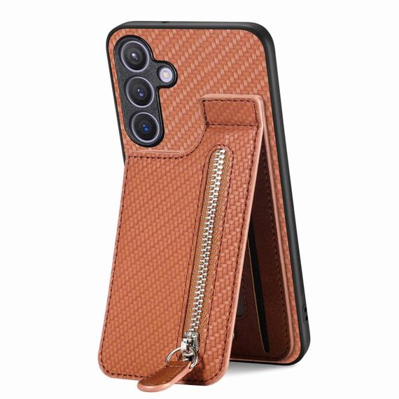 Per Samsung Galaxy S24+ 5G Custodia per cellulare con cerniera verticale a vibrazione in fibra di carbonio (marrone)