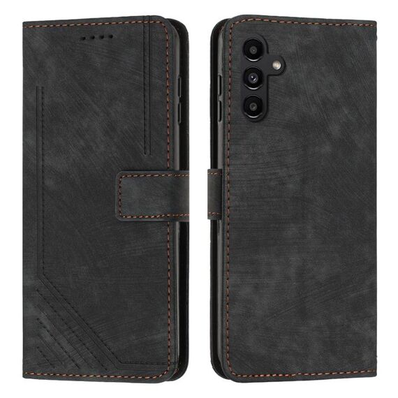 Custodia per telefono in pelle con motivo a strisce per Samsung Galaxy S24+ con cordino (nero)
