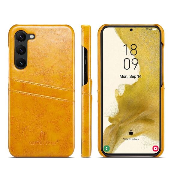 Custodia per telefono in pelle con texture a cera d'olio Fierre Shann per Samsung Galaxy S24 5G con slot per schede (giallo)