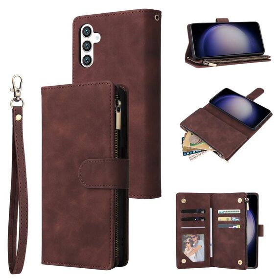 Per Samsung Galaxy S24 5G Custodia multifunzionale in pelle con cerniera satinata a portafoglio (caffè)