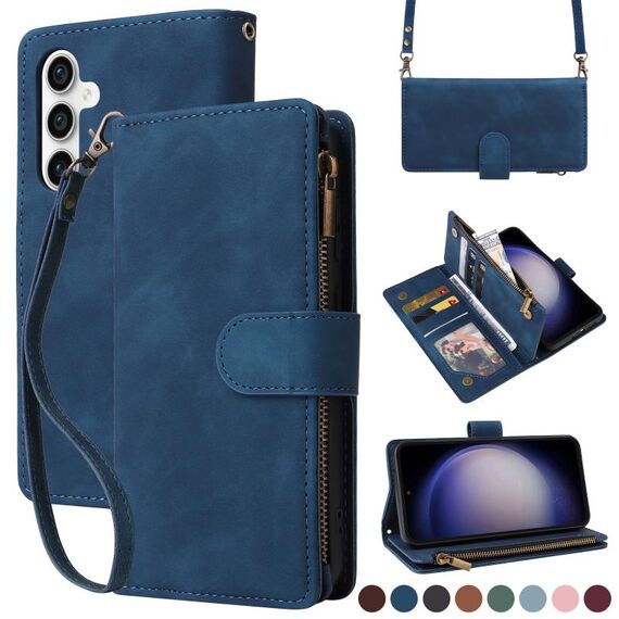 Per Samsung Galaxy S23 FE 5G Crossbody Multi-card Slot Portafoglio Custodia in pelle con cerniera (Blu scuro)