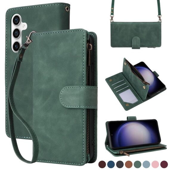 Per Samsung Galaxy S23 FE 5G Crossbody Multi-card Slot Portafoglio Custodia in pelle con cerniera(Verde)