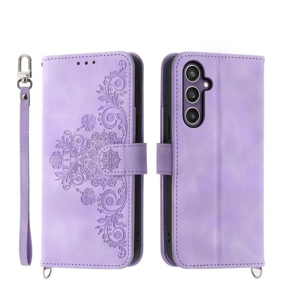 Custodia a portafoglio in pelle con fiori in rilievo per Samsung Galaxy S24+ 5G (viola)