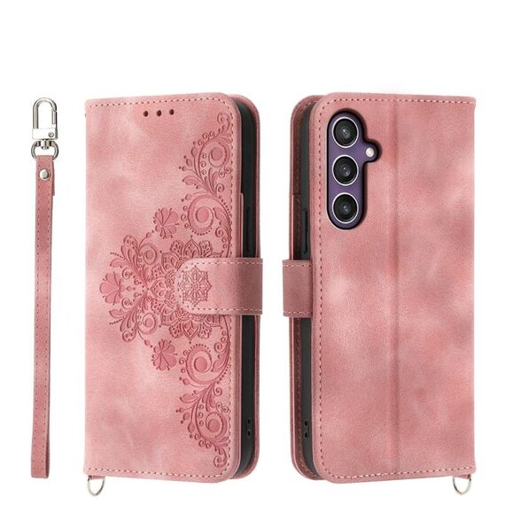 Custodia a portafoglio in pelle con fiori in rilievo per Samsung Galaxy S24+ 5G (rosa)