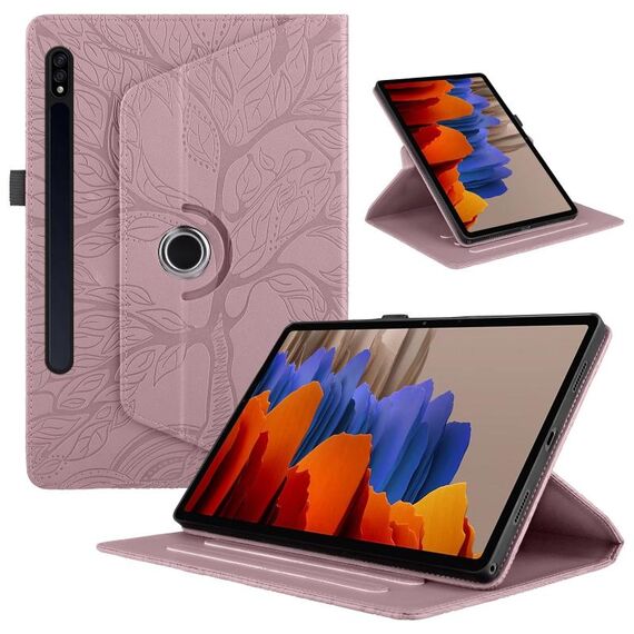 Custodia per tablet in pelle con rotazione in rilievo per Samsung Galaxy Tab S9+ / S9 FE+ Tree Life (oro rosa)