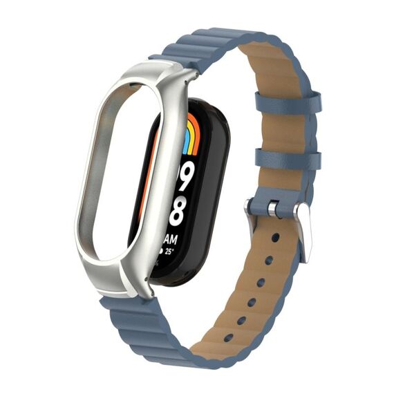 Custodia in metallo integrata per Xiaomi Mi Band 8 + cinturino in pelle di bambù (grigio argento)