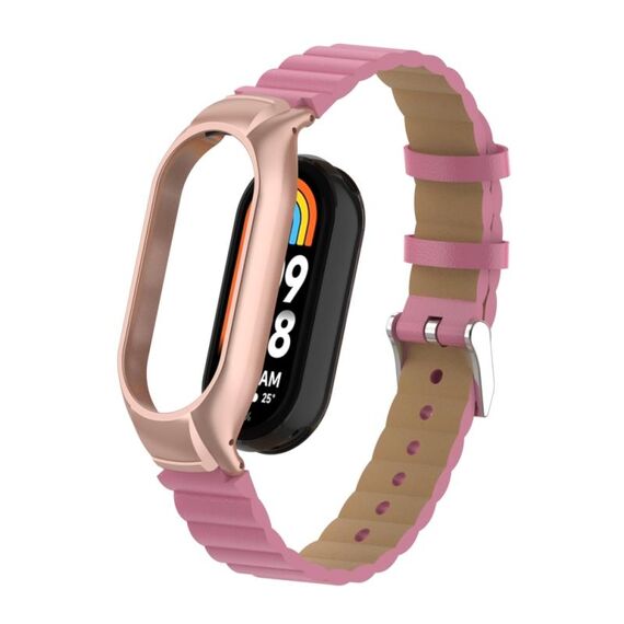 Custodia in metallo integrata per Xiaomi Mi Band 8 + cinturino in pelle di bambù (rosa rossa)