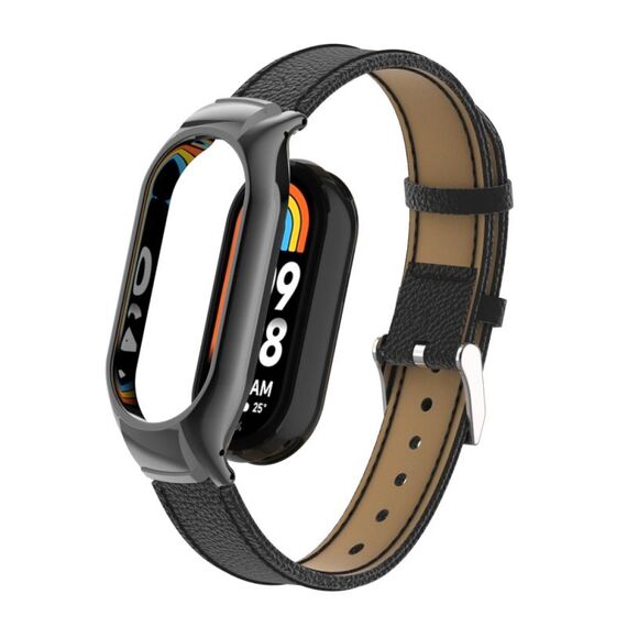 Custodia in metallo integrata per Xiaomi Mi Band 8 + cinturino in pelle con texture Litchi (nero)