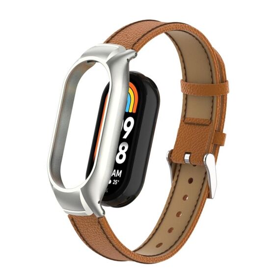 Custodia in metallo integrata per Xiaomi Mi Band 8 + cinturino in pelle con texture Litchi (marrone)