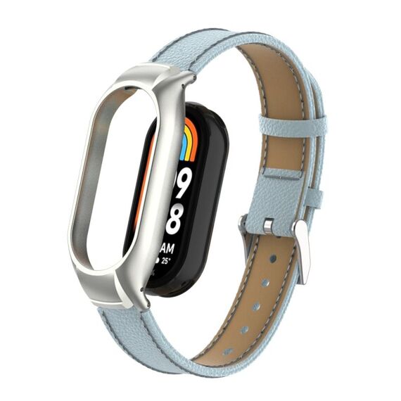 Custodia in metallo integrata per Xiaomi Mi Band 8 + cinturino in pelle con texture Litchi (ciano chiaro)