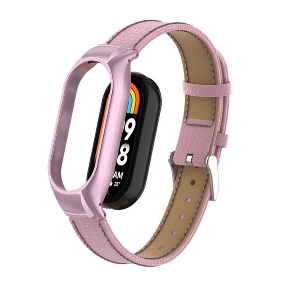 Custodia in metallo integrata per Xiaomi Mi Band 8 + cinturino in pelle con texture Litchi (rosa)