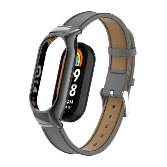 Custodia in metallo integrata per Xiaomi Mi Band 8 + cinturino in pelle cucita in microfibra (grigio)