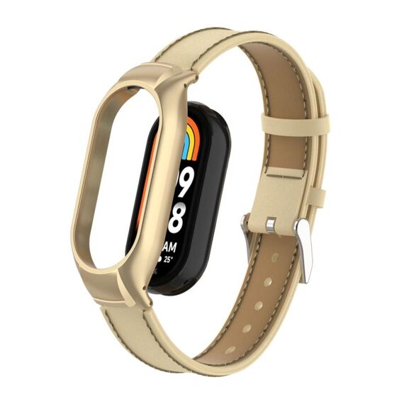 Custodia in metallo integrata per Xiaomi Mi Band 8 + cinturino in pelle cucita in microfibra (champagne)