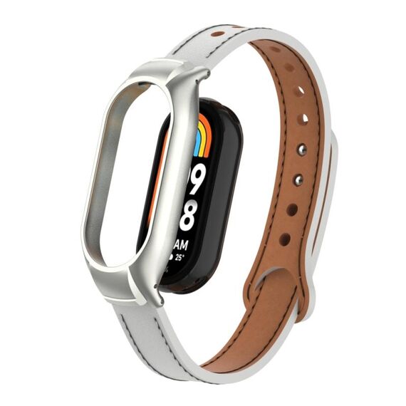 Custodia in metallo integrata per Xiaomi Mi Band 8 + cinturino in pelle in microfibra a doppio chiodo (bianco)