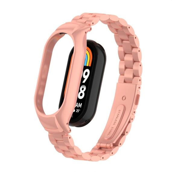 Per custodia in metallo integrata Xiaomi Mi Band 8 + cinturino per orologio a tre sfere (rosa brillante)