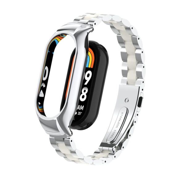 Per custodia in metallo integrata Xiaomi Mi Band 8 + cinturino a tre sfere (argento + bianco)