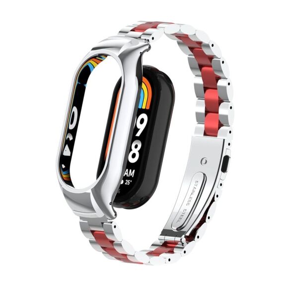 Per custodia in metallo integrata Xiaomi Mi Band 8 + cinturino per orologio a tre sfere (argento + rosso)