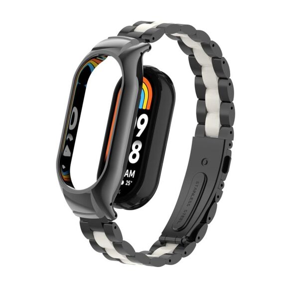 Per custodia in metallo integrata Xiaomi Mi Band 8 + cinturino per orologio a tre sfere (nero + bianco)