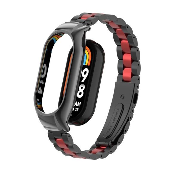Per custodia in metallo integrata Xiaomi Mi Band 8 + cinturino a tre sfere (nero + rosso)
