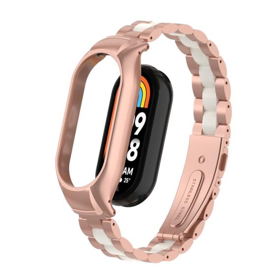 Per custodia in metallo integrata Xiaomi Mi Band 8 + cinturino per orologio a tre sfere (rosso rosa + bianco)