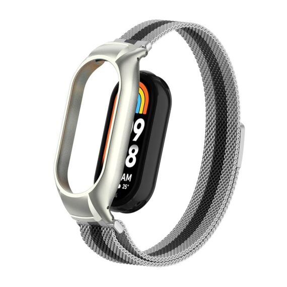Custodia in metallo integrata per Xiaomi Mi Band 8 + cinturino magnetico milanese (argento + nero)