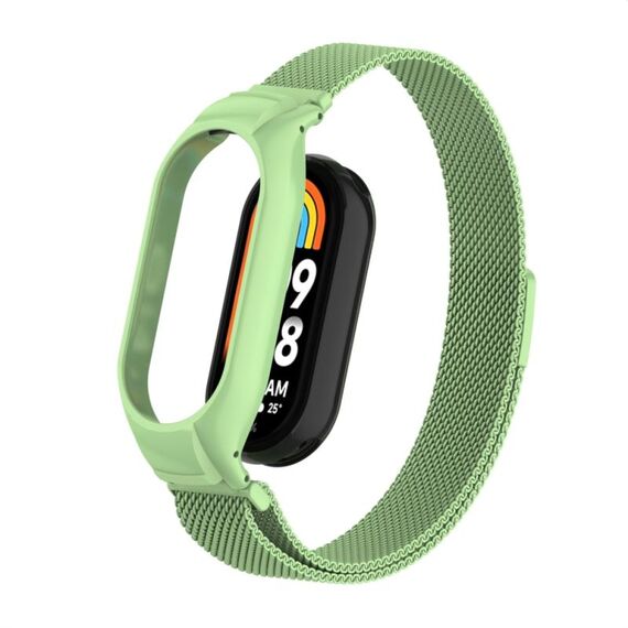 Custodia in metallo integrata per Xiaomi Mi Band 8 + cinturino magnetico milanese (verde matcha)
