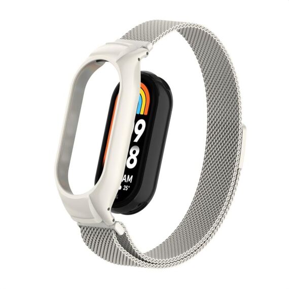 Custodia in metallo integrata per Xiaomi Mi Band 8 + cinturino magnetico milanese (beige)