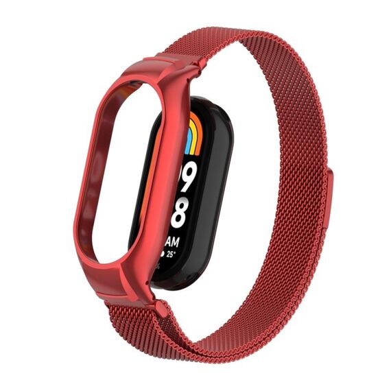 Custodia in metallo integrata per Xiaomi Mi Band 8 + cinturino magnetico milanese (rosso)