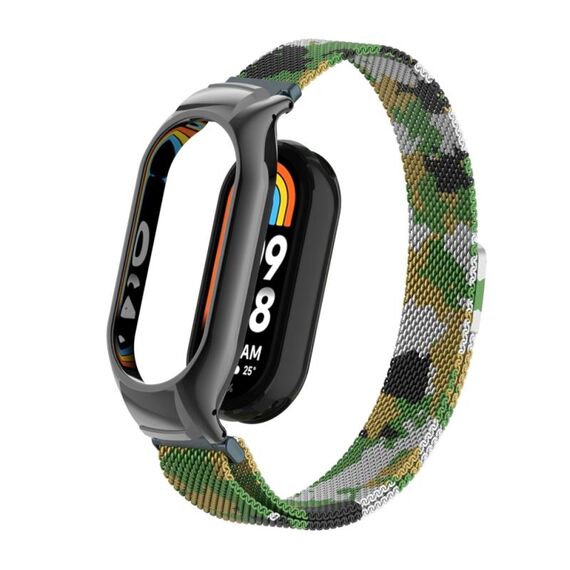 Custodia in metallo integrata per Xiaomi Mi Band 8 + cinturino magnetico milanese (verde militare)