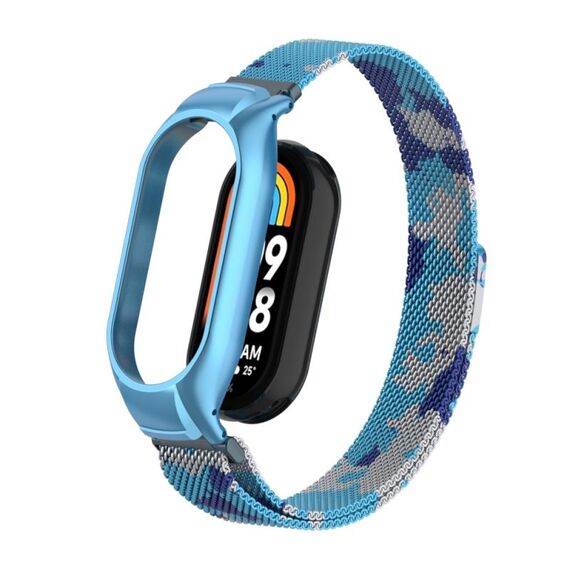 Custodia in metallo integrata per Xiaomi Mi Band 8 + cinturino magnetico milanese (blu mimetico)