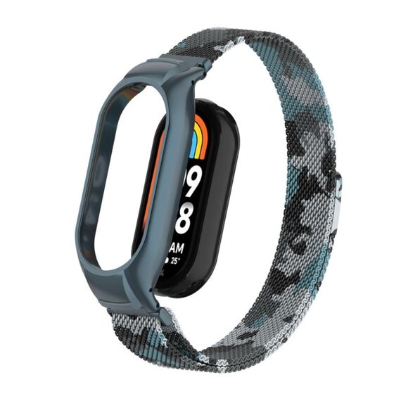 Custodia in metallo integrata per Xiaomi Mi Band 8 + cinturino magnetico milanese (bianco)