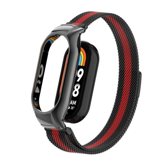 Per Xiaomi Mi Band 8 Custodia in metallo integrata + cinturino magnetico milanese (nero + rosso)