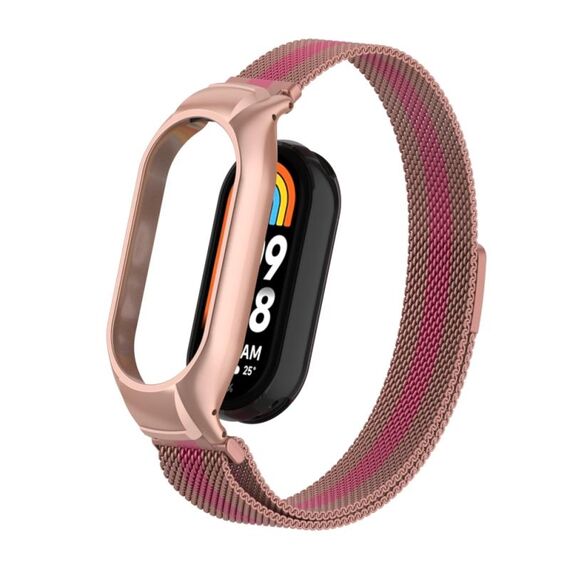 Custodia in metallo integrata per Xiaomi Mi Band 8 + cinturino magnetico milanese (rosa + rosa)