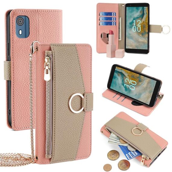 Custodia per cellulare in pelle con trama crossbody Litchi per Nokia C02 TA-1522 (rosa)