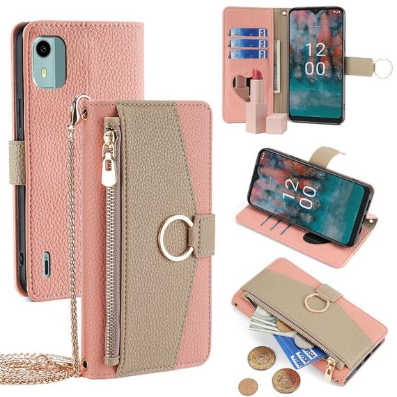 Custodia per telefono in pelle con trama crossbody Litchi per Nokia C12 (rosa)