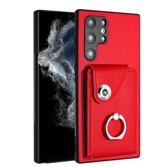 Per Samsung Galaxy S22 Ultra 5G Custodia per telefono in PU con supporto ad anello per porta tessere (rosso)