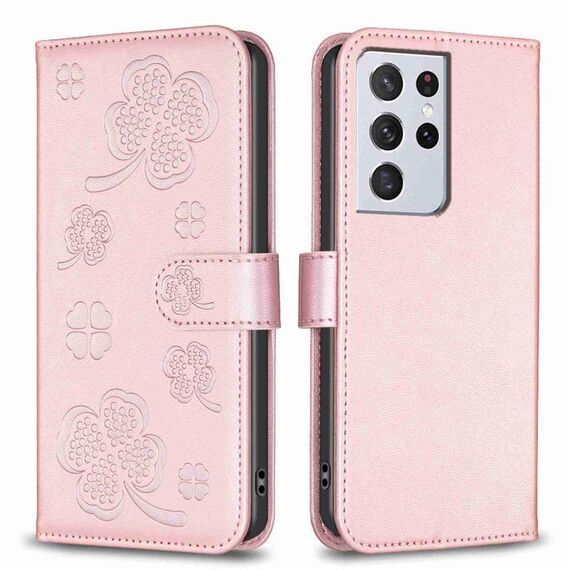 Custodia per telefono in pelle goffrata a quattro foglie per Samsung Galaxy S21 Ultra 5G (rosa)