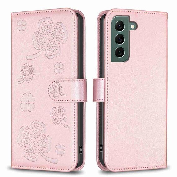 Custodia per telefono in pelle goffrata a quattro foglie per Samsung Galaxy S22+ 5G (rosa)