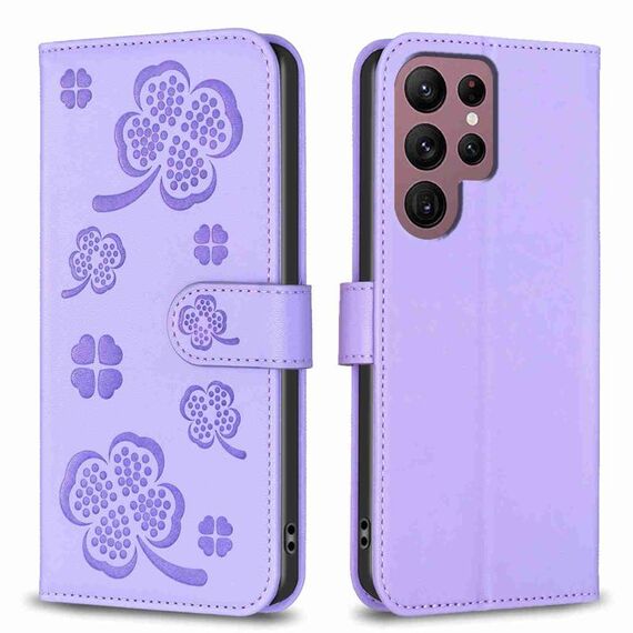 Custodia per telefono in pelle goffrata a quattro foglie per Samsung Galaxy S22 Ultra 5G (viola)