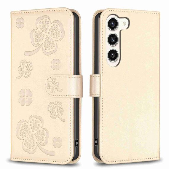 Custodia per telefono in pelle goffrata a quattro foglie per Samsung Galaxy S23 5G (oro)