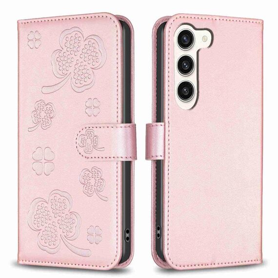 Custodia per telefono in pelle goffrata a quattro foglie per Samsung Galaxy S23 5G (rosa)