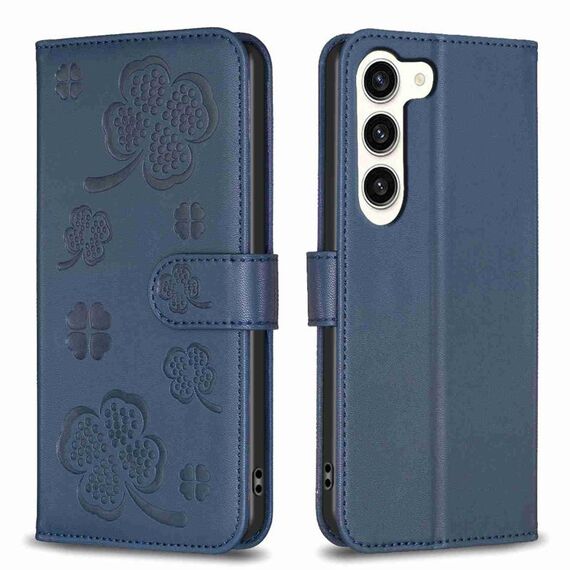 Custodia per telefono in pelle goffrata a quattro foglie per Samsung Galaxy S24+ 5G (blu)