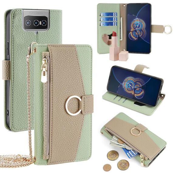 Custodia per cellulare in pelle con texture litchi a tracolla ZS672KS per Asus Zenfone 8 Flip (verde)