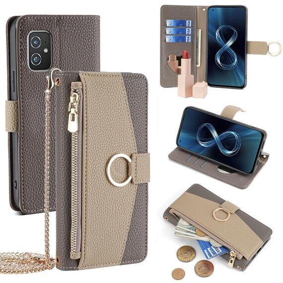 Custodia per telefono in pelle con trama crossbody Litchi per Asus Zenfone 8 ZS590KS (grigio)