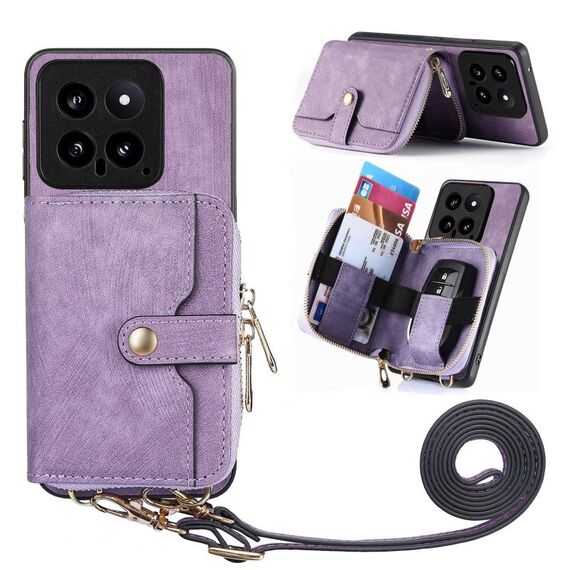 Per Xiaomi 14 Custodia per telefono a portafoglio con cerniera multifunzione a tracolla (viola)