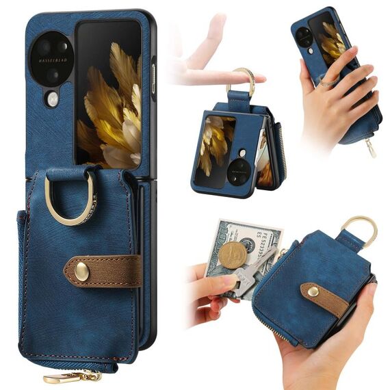 Per OPPO Find N3 Custodia per telefono a portafoglio multi-card con anello retro skin-feel (blu)